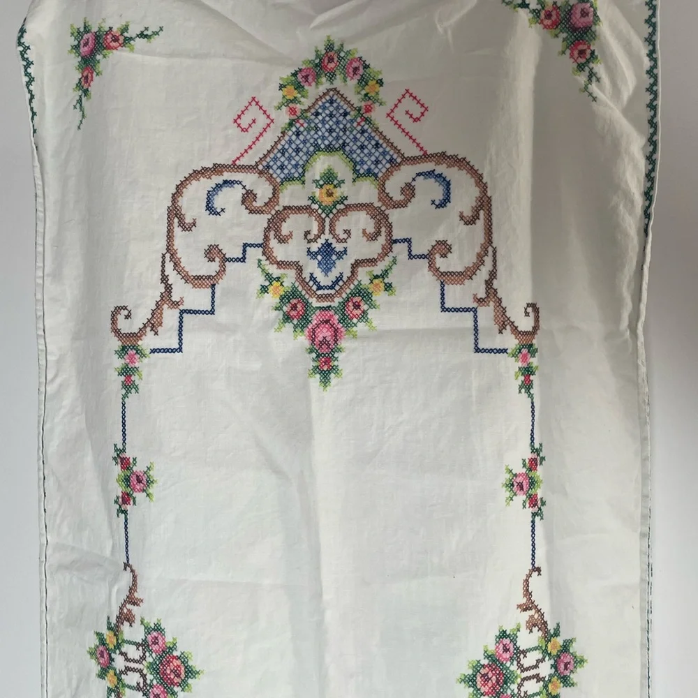 Vintage Table Runner Cross stitch Embroidery Easter Spring 41 X 15” READ